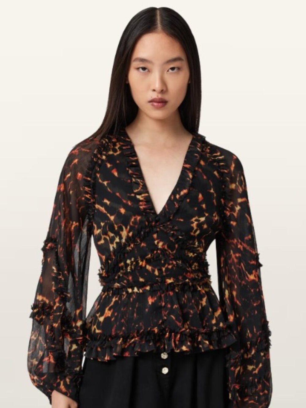 AllSaints Flame Tortoiseshell Print Ruffle Sheer Blouse Top Womens US 2 UK 6 EU